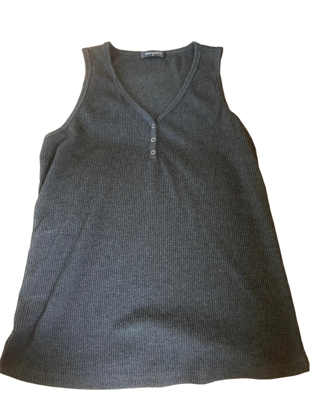 MEROKEETY Tank XL Charcoal Gray Ribbed V-Neck Henley Sleeveless Stretchy